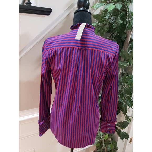 J. Crew Red & Blue Striped Long Sleeve Ruffle Trim Tuxedo Top Blouse XS - Picture 7 of 16